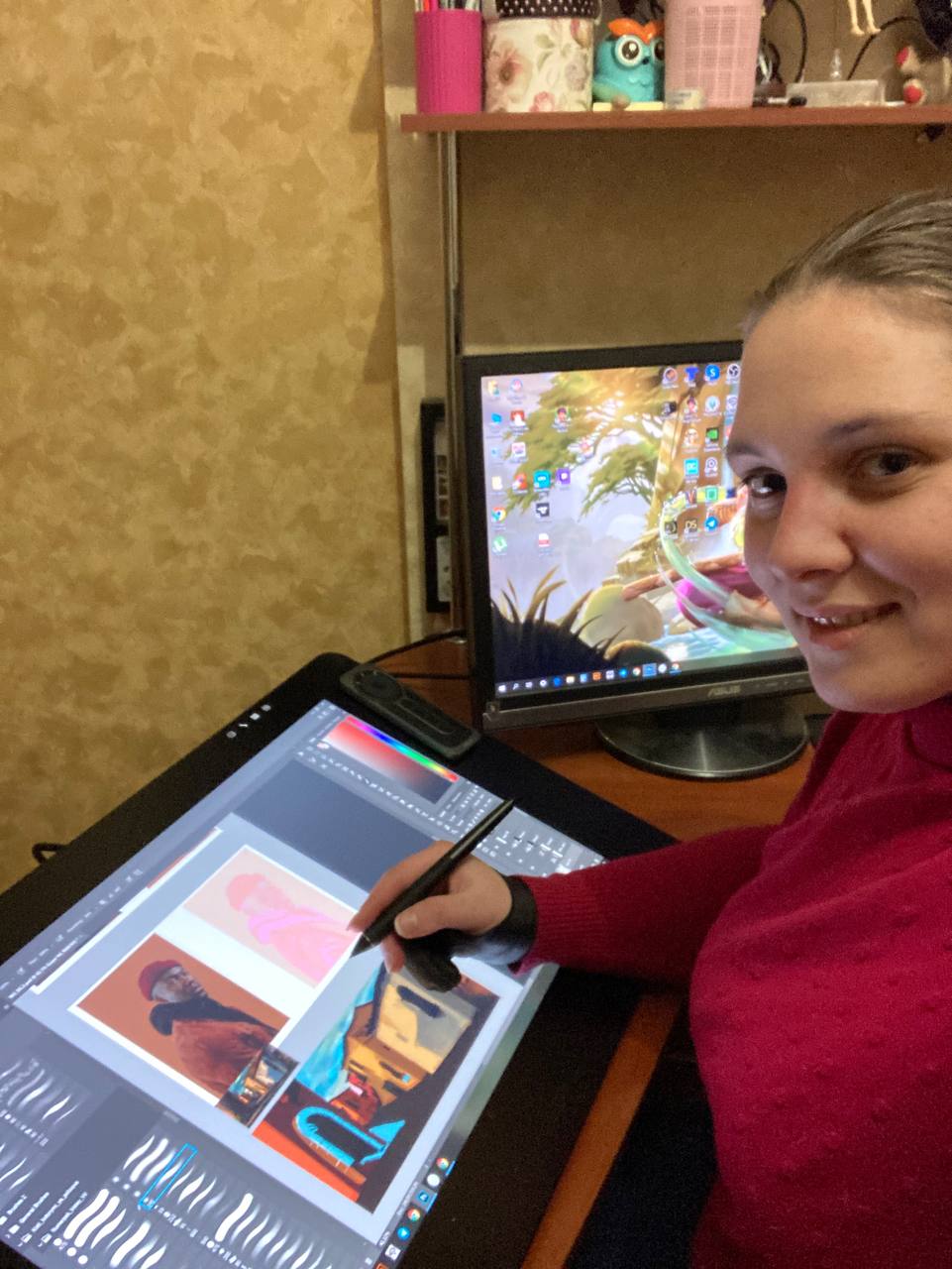 Fira drawing at her home workstation