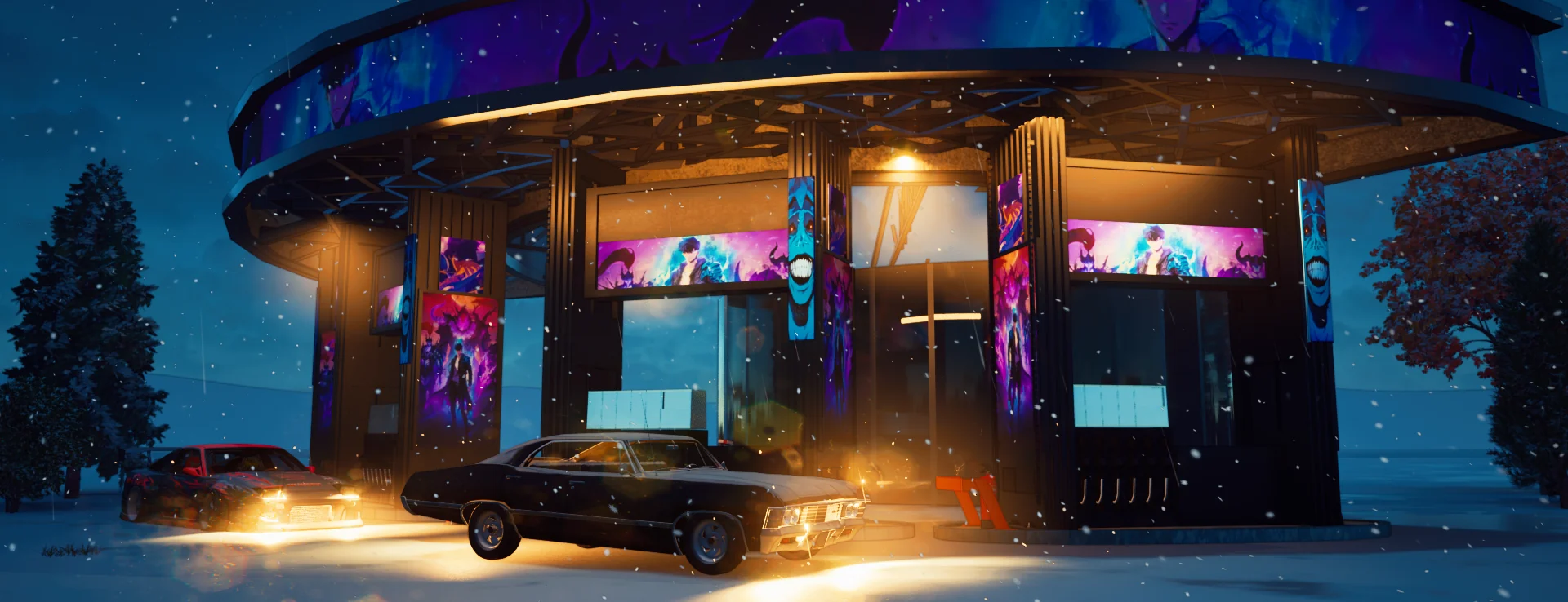 Cinematic 3D gas station at night in snow