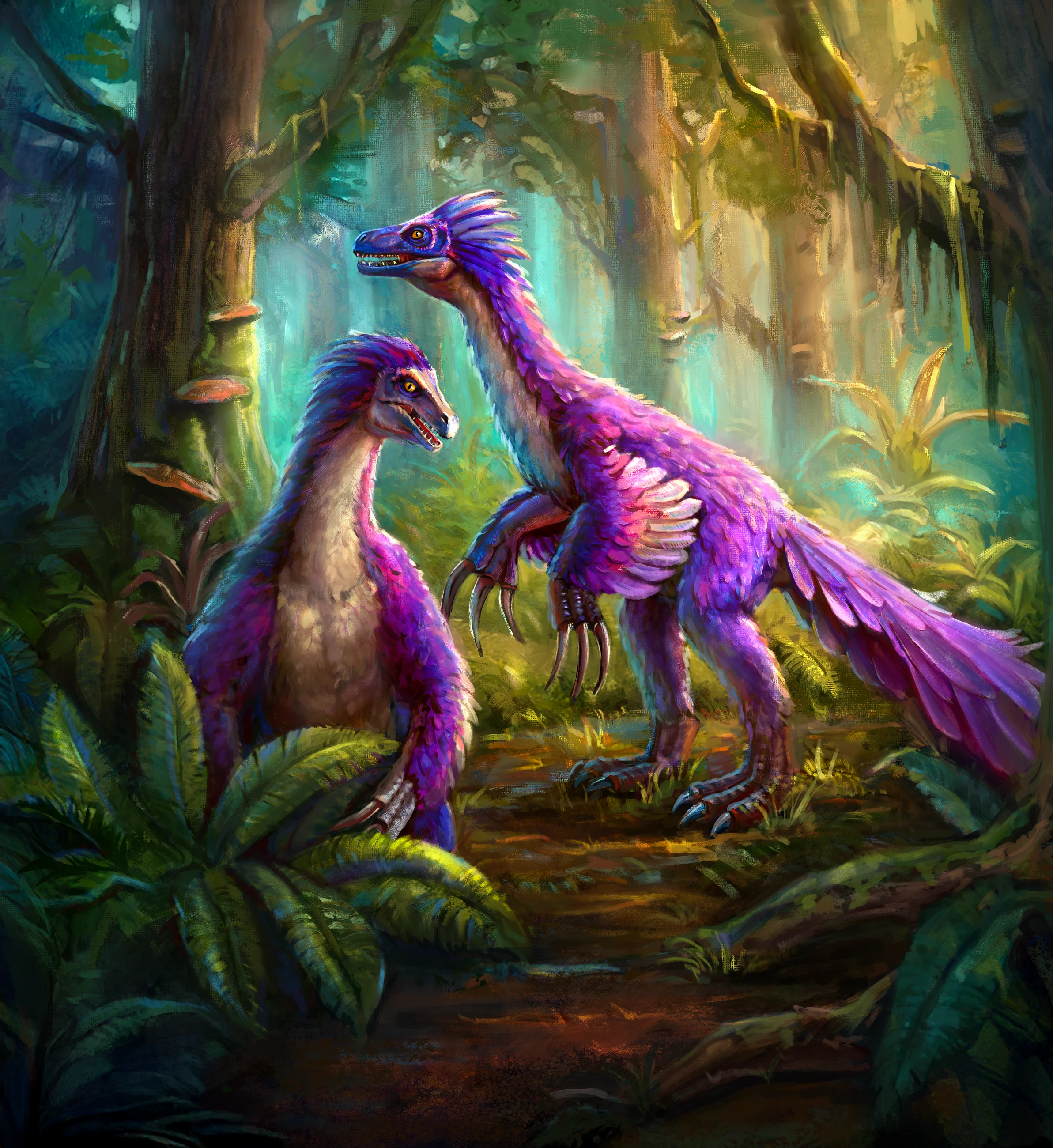 Two colourful therizinosaurs in a jungle